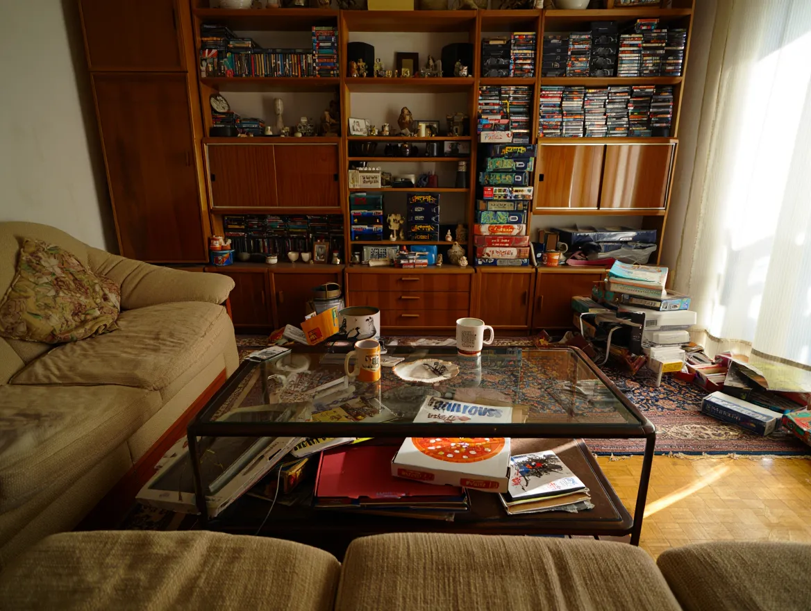 Cluttered living room with disorganized shelves