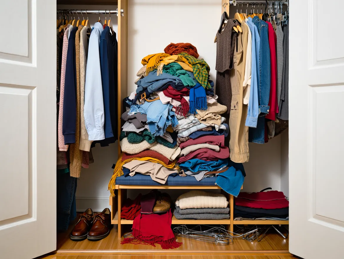 Disorganized wardrobe closet with clothes piled