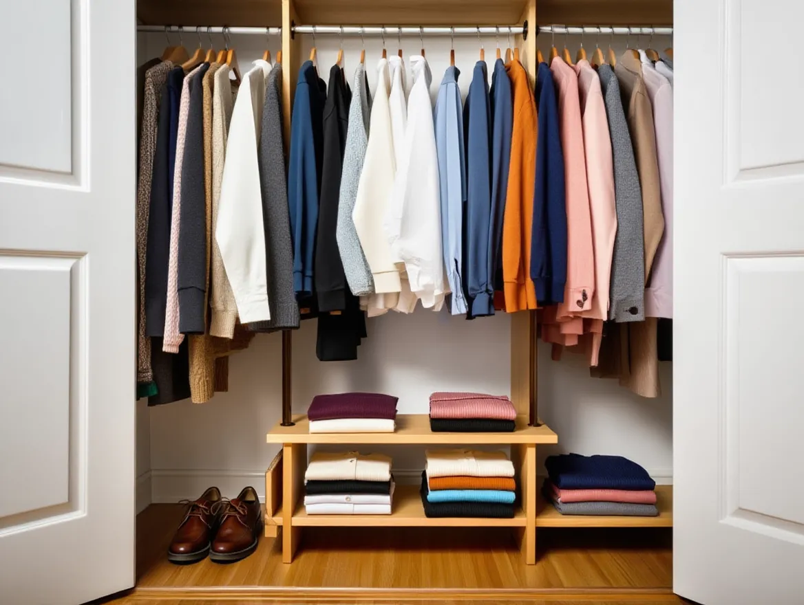 Organized wardrobe with clothing categorized by type and color