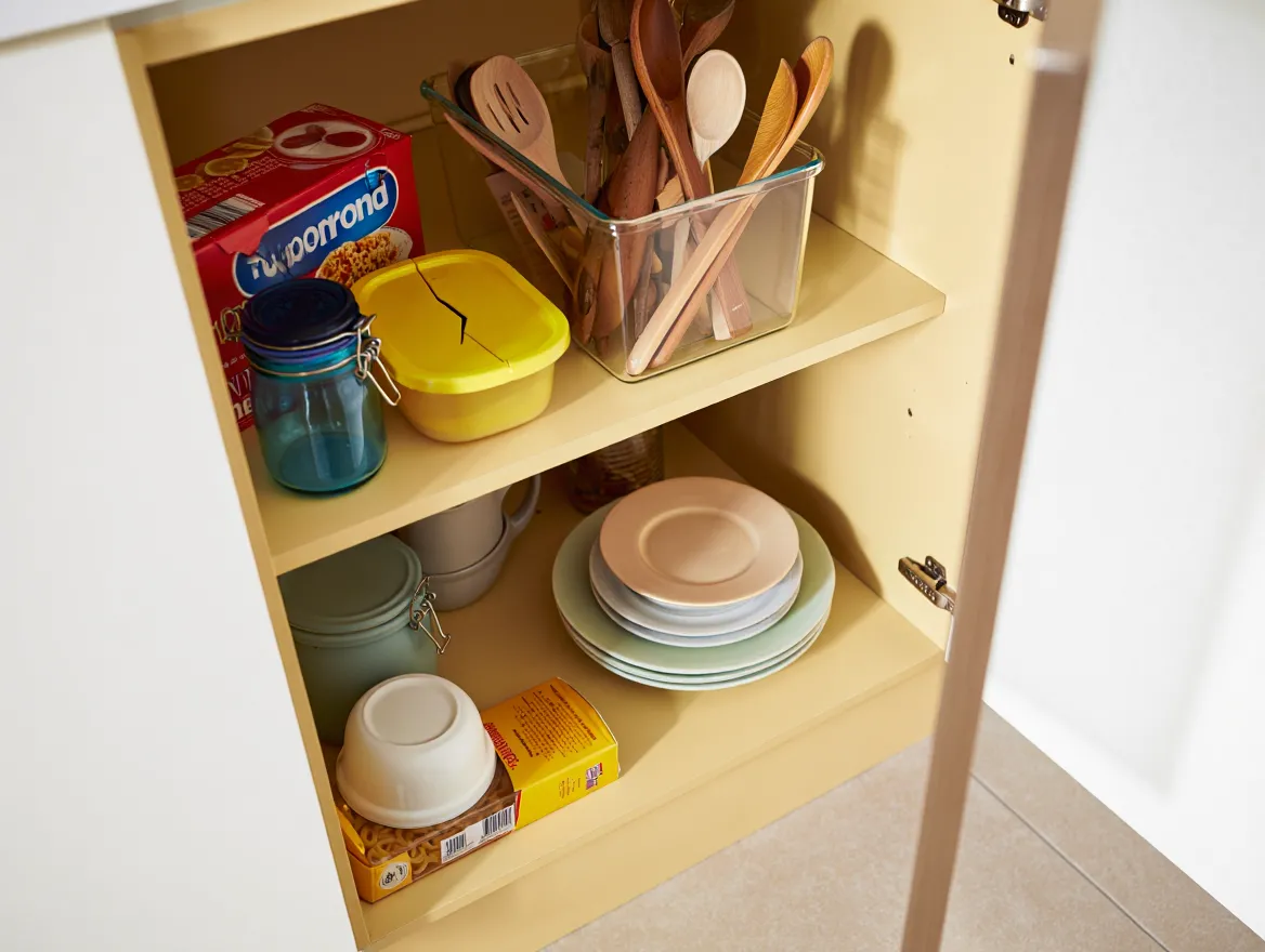 Disorganized kitchen cabinets with mismatched containers