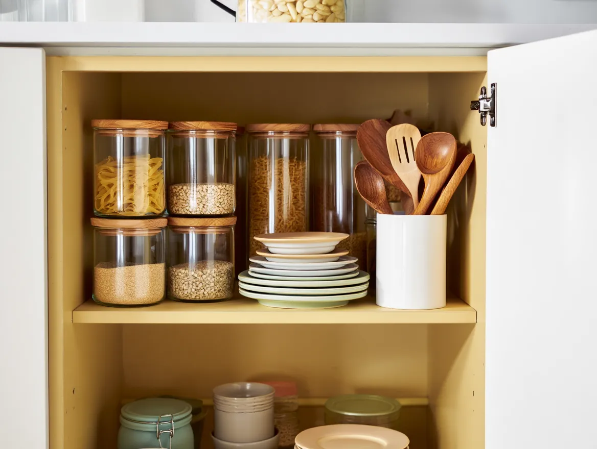 Organized kitchen cabinets with structured storage