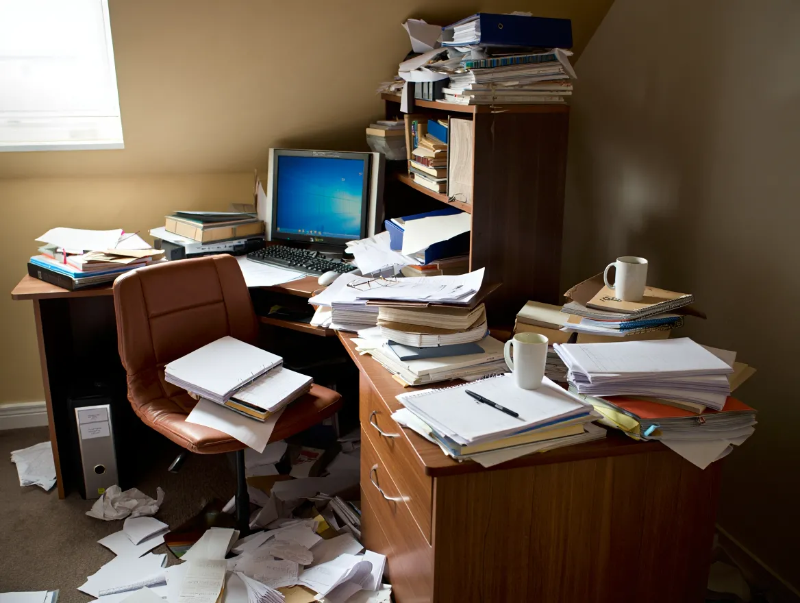 Cluttered home office with papers everywhere