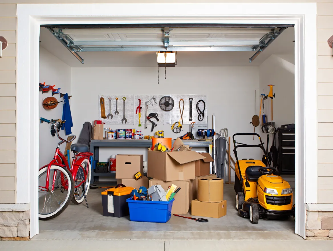 Cluttered garage with items scattered on floor